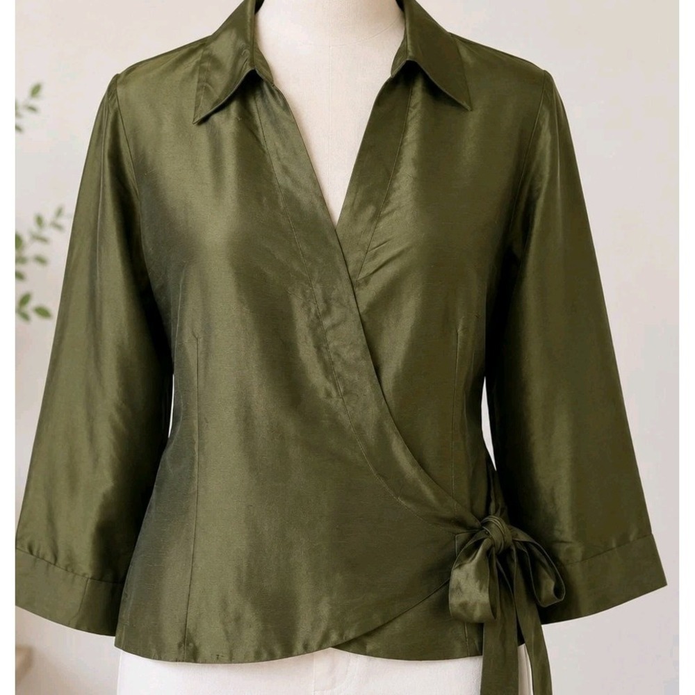 Allison Taylor 100% Silk Wrap Blouse Women's 10 Olive Green 3/4 Sleeve Top